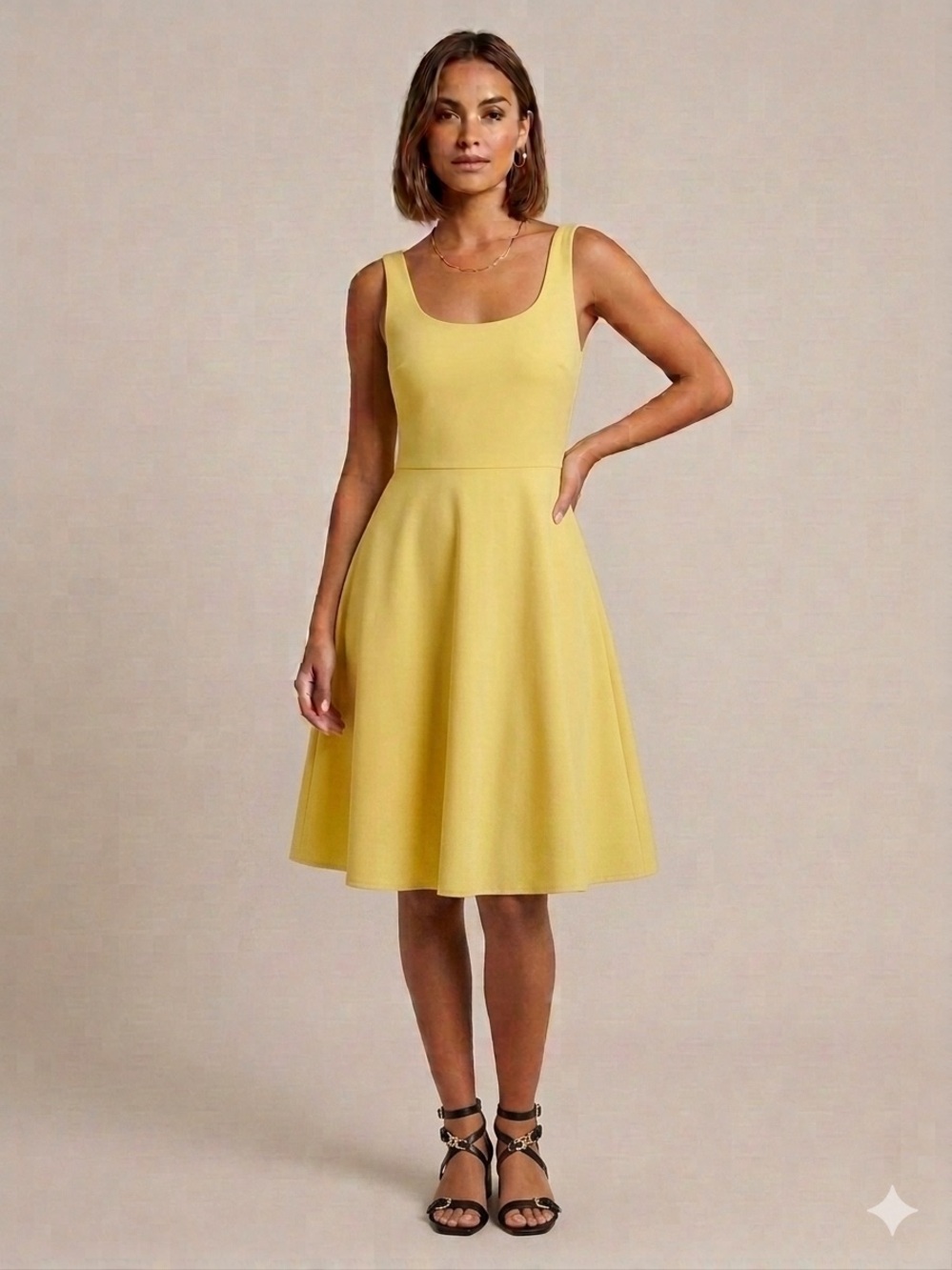 Nine West Yellow Scoop Neck Fit-and-Flare Midi Dress